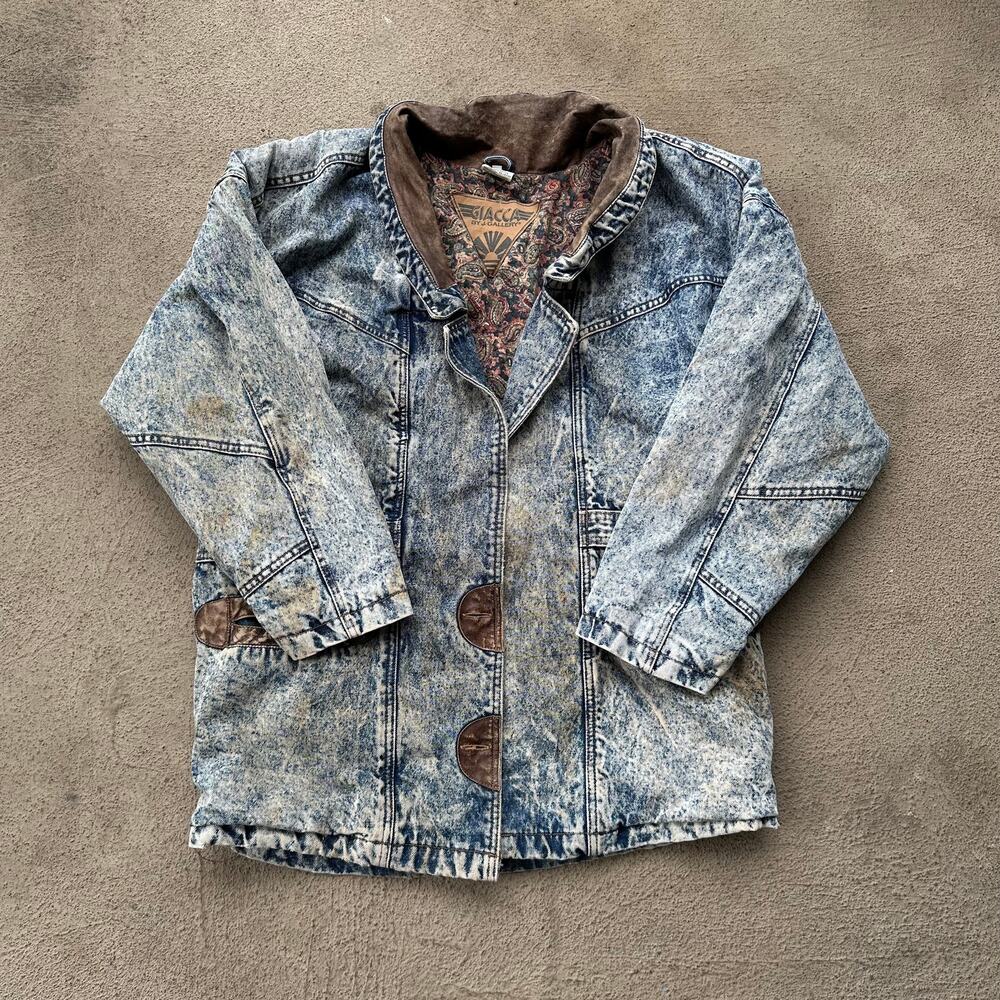 1990s Giacca by J. Gallery Acid Wash Denim Jacket with Leather Trim Women Small